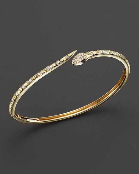 Black and White Diamond Snake Bangle in 14K Yellow Gold Snake Bangle, Diamond Bracelet Design, Diy Jewelry Earrings, Sparkly Jewelry, Snake Jewelry, Snake Bracelet, Popular Jewelry, Snake Ring, Gold Snake