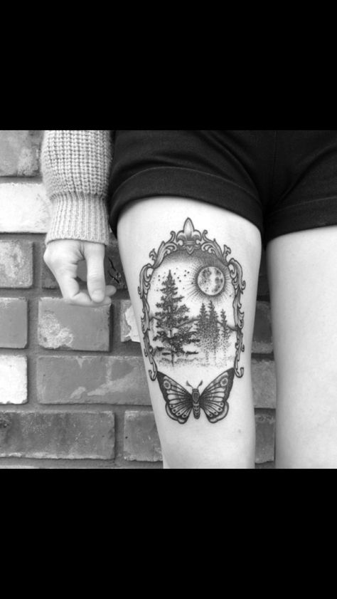 I think I have found my Forrest tattoo... ❤️❤️❤️ Forbidden Forest Tattoo, Haunted Forest Tattoo, Long Tattoo Design, Enchanted Forest Tattoo, Vintage Frame Tattoo, Coordinating Tattoos, Vintage Mirror Tattoo, Enchanted Tattoo, Body Markings