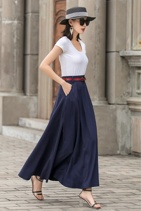 Elegantly designed with a touch of chic, this sophisticated blue A-line linen skirt is a staple piece for every fashionable woman. 🥰   SKU 2716  Link in bio   #ElegantFashion #ChicStyle #WomensApparel #VersatileSkirt #LinenSkirt #A-lineSkirt #Xiaolizihandmade Clean Girl Fashion, Mini Skirt Sweater, Outfits Mini Skirt, Blue Skirt Outfits, A Line Skirt Outfits, Fashion Fall Outfits, Long Linen Skirt, Fashion Design Classes, Long Skirt Casual