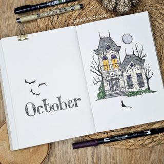 Sophie | Bullet journal (@papyrophie) • Instagram-foto's en -video's Bullet Drawing, October Bujo, Bullet Journal Halloween, October Bullet Journal, Bullet Journal Contents, Book Reading Journal, Bullet Journal Paper, Doodle Pages, How To Make Drawing