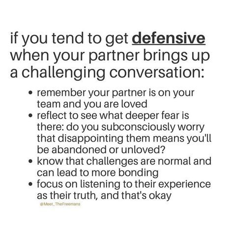 “The Couple that Coaches Couples” on Instagram: "Write YES if this is helpful 👇 plus read further for tips: Defensiveness is a pattern that many of us need to break because it prevents conversations from progressing or getting resolved. But you’re NOT alone in this! It takes conscious awareness to shift away from being defensive when communicating with your partner. If you want to get better at this, here are some helpful resources: 1️⃣ we discuss “Defensive Behavior: How to Overcome this Pa Being A Better Partner Relationships, When He Gets Defensive Quotes, Getting Defensive Quotes, Being Defensive In Relationships, How To Not Get Defensive, Being A Conscious Partner, Husband Gets Defensive, Why Am I So Defensive, How To Not Be Defensive