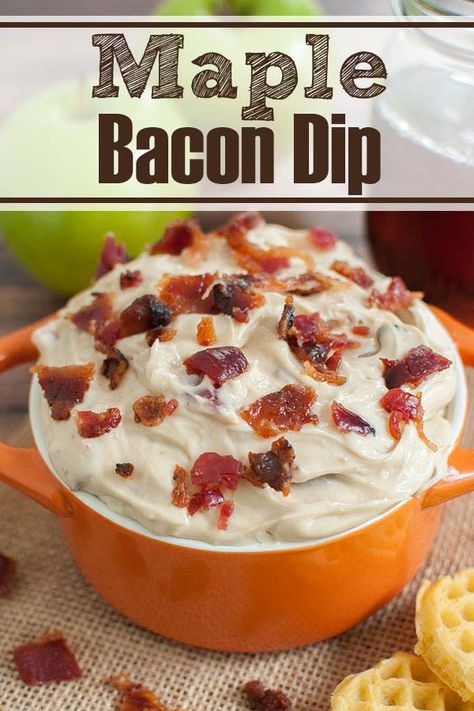 Easy dessert recipe with real maple syrup and candied bacon. Maple Bacon Dip is a great breakfast or dessert dip for a brunch, party or shower. Serve with cookies, graham crackers, mini waffles or fruit. #dips #desserts #bacon #maple #breakfast #brunch #sweets Maple Bacon Dip, Brunch Bacon, Bacon Desserts, Dessert Dip Recipes, Mini Waffles, Brunch Party Recipes, Maple Recipes, Maple Syrup Recipes, Dessert Dip