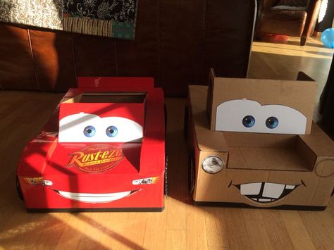 Homemade Lightning Mcqueen Costume, Disney Cardboard Diy, Lightning Mcqueen Diy Costume, Lightning Mcqueen Cardboard Car, Lightning Mcqueen Box Car, Lightning Mcqueen Trunk Or Treat, Lightning Mcqueen And Mater Costume, Diy Lightning Mcqueen, Mate Cars