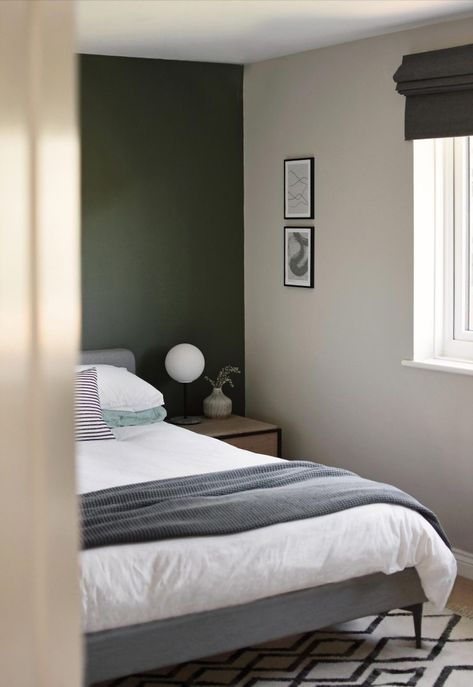 Green Bedroom Men, Green Wall Gray Bed, Card Room Green Bedroom, Light Grey Bed Green Wall, Green Bedroom Grey Carpet, Men’s Bedroom Ideas Green, Grey And Green Bedroom, Soft Green Bedroom, Grey Green Bedrooms