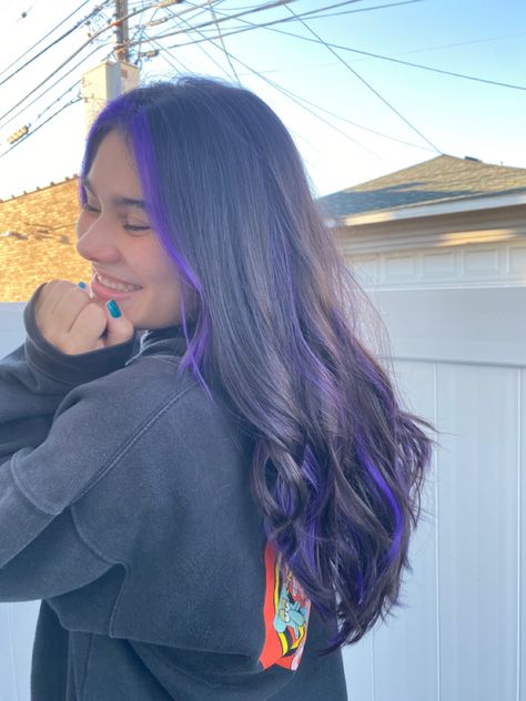 Purple Under Highlights, Purple Under Layer Hair, Purple Underneath Hair Curly, Purple Dip Dye Hair Brunette, Under Purple Hair, Purple Hair Front Pieces, Purple Face Frame Highlights, Purple Peek A Boo Hair, Purple Hair Peekaboo