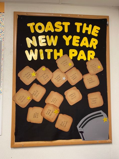 New years par board New Year School Board Decoration, Resolution Board, Pin Board Ideas, School Board Decoration, Wall Writing, Panel Board, Door Decorations Classroom, School Bulletin Boards, Board Decoration