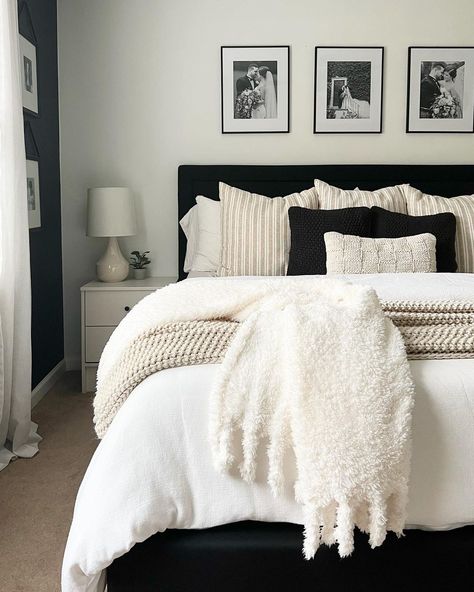 Black Headboard White Furniture, Black Headboard White Bedding, Beige And Black Bed, Black White And Beige Bedroom Minimalist, Back Wall Of Bed Designs, Black Bed White Nightstand, Black Headboard Bedding, Guest Room Black Bed, White Bedding Black Accents