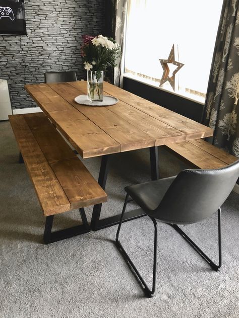 Wooden Dining Table Rustic, Dining Table Bench, Reclaimed Dining Table, Handmade Dining Table, Modern Rustic Furniture, Table And Bench Set, Scaffold Boards, Cottage Renovation, Table Bench