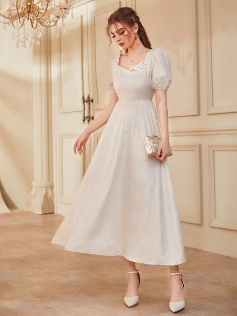 Puff Sleeve Appliques A-line Dress | SHEIN USA Shein Dress Party, Causal Frocks, Beige Party, Modest Beauty, Full Sleeves Dress, Satin Cami Dress, Angel Fashion, Velvet Prom Dress, Top Girl