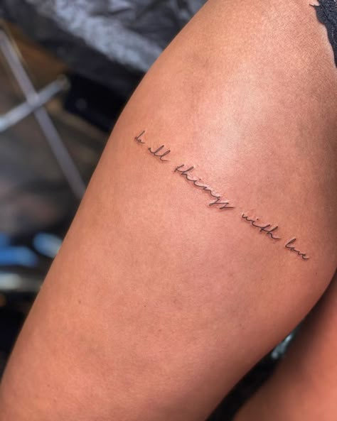 Dainty Scripture Tattoos, His Will Not Mine Tattoo, Christian Script Tattoo, Fine Line Tattoo Ideas Words, He Loved Me First Tattoo, Fine Line Bible Verse Tattoos, Short Bible Verse Tattoos, Small Tattoos God, Dainty Biblical Tattoos