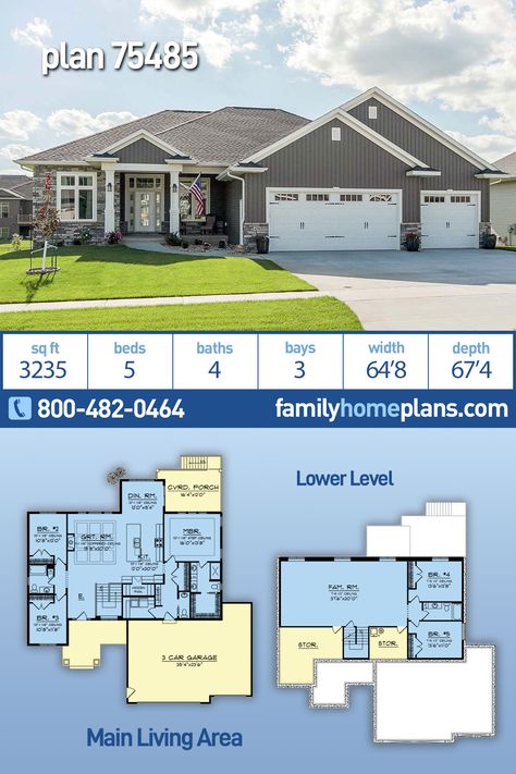 Craftsman, Ranch, Traditional House Plan 75485 with 5 Beds, 4 Baths, 3 Car Garage Ranch Style Open Concept Floor Plans, 5 Bed House Floor Plan, 3 Bedroom With Basement Floor Plan, Ranch House With Basement, Ranch Plans Open Concept, Back Split House Floor Plans, 3 Car Garage Floor Plans, 5 Bedroom Ranch House Floor Plan, House Plans 5 Bedroom One Story