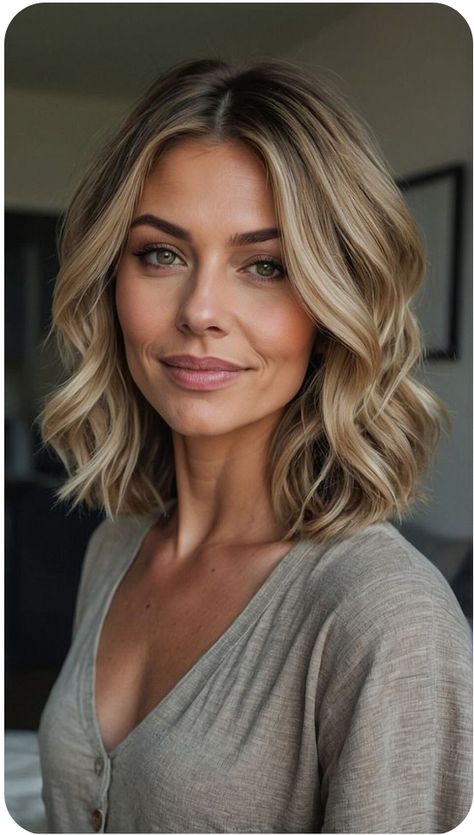 Beachy Waves Medium Length Wedding, Fall 2024 Hair Color Blonde, Fun Mom Haircuts, Side Swept Hairstyles Short Hair, Fall Haircuts 2024 Short, Short Bob Haircuts Side Part, Celebrity Hairstyles 2024, Side Swept Short Hair, Short Fall Blonde Hair