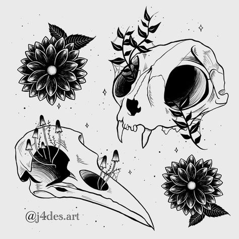 Ravens Skull Tattoo, Gothic Skull Drawing, Raven Skull Tattoo Flower, Animal And Plant Tattoo, Goth Skull Tattoo, Witchy Botanical Tattoo, Cute Raven Tattoo, Gothic Plant Tattoo, Creepy Plant Tattoo