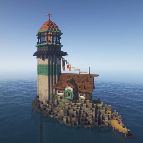 Minecraft Costal Village, Minecraft Sea Side Village, Minecraft Profession Houses, Fish House Minecraft, Minecraft Lighthouse Interior, Ocean Minecraft Builds, Fishermans Hut Minecraft, Minecraft Lighthouse Design, Light House Minecraft Design