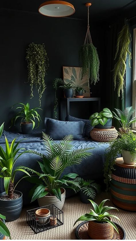 Room with various potted plants, creating a lush, green atmosphere. Dark Cottagecore Bedroom, Cottagecore Bedroom Decor, Cottagecore Bedroom Ideas, Cottagecore Bedroom, Moody Vibes, Dreamy Atmosphere, Vintage Inspired Decor, Dark Cottagecore, Bedroom Retreat