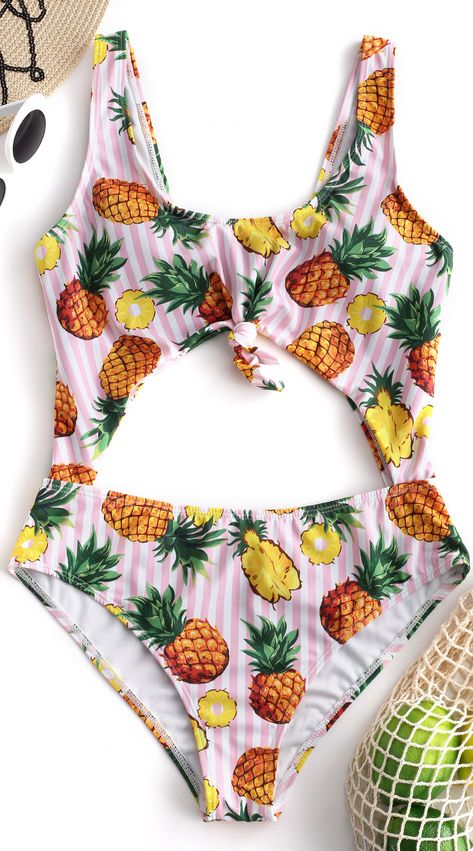 This sexy one-piece swimsuit is unique in its cutout design at the abdomen which creates a two-piece illusion whether from the front view or the back view. Vertical stripes help to slim your figure, and pineapple print provides a sense of tropical feeling. And the knot detail under the bustline adds a naughty vibe to accentuate your bust. Pineapple Swimsuit, White Monokini, Street Grunge, Korean Fashion Street Casual, Monokini Swimsuit, One Piece Bathing Suits, Backless Swimsuit, Summer Outfits Women Over 40, High Cut Swimsuit