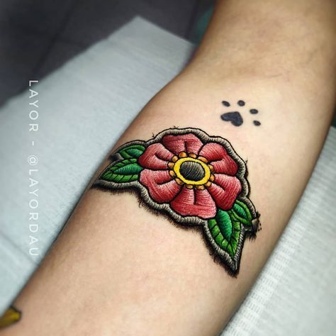 Embroidered Patch Tattoo, Embroidery Patch Tattoo, Embroidery Tattoo Ideas, Patch Tattoos, Embroidery Tattoos, Gap Filler Tattoo, Cross Stitch Tattoo, Spongebob Tattoo, Patch Tattoo