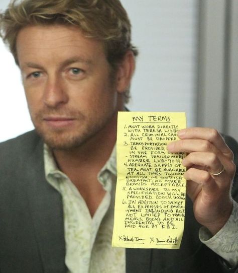 These are my terms. No, that's a napkin... Patrick Jane, Love Simon, Robin Tunney, Simon Baker, The Mentalist, Me Tv, Hit Songs, Tv Programmes, Best Tv