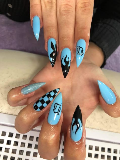 Black And Blue Fire Nails, Blue And Black Flame Nails, Nail Designs Blue And Black, Black And Blue Nails Design, Black And Baby Blue Nails, Black And Blue Acrylic Nails, Baby Blue And Black Nails, Blue And Black Nail Ideas, Black And Blue Nails Acrylic