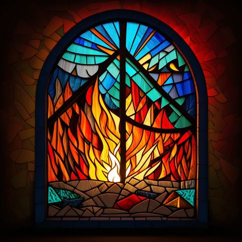 Stained Glass Flames Fire, Fire Stained Glass Art, Fire Stained Glass Pattern, Wasteland Tattoo, Stained Glass Fire, Bakery Mural, Fire Ideas, Fake Fire, Ar Art