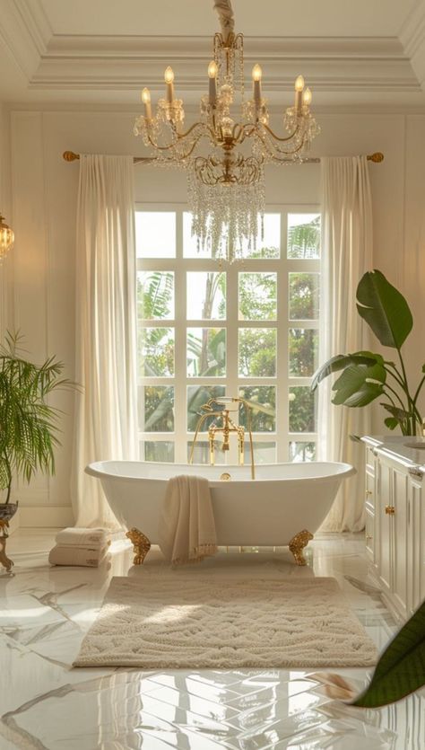 Bathtub Design Luxury, Large Freestanding Bathtub, Gold House Decor Interior Design, Bathroom With Freestanding Bathtub, Bathtub By Window, White And Gold House, Classic Bathroom Design Luxury, Classic Luxury Bathroom, Gold And White Bathroom