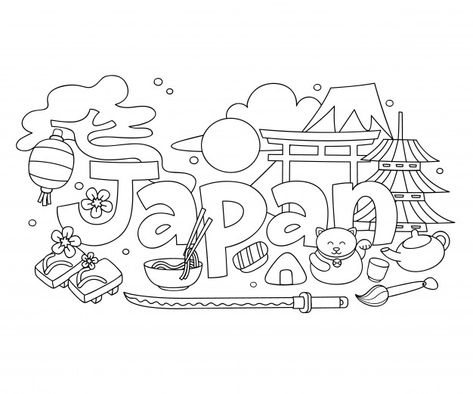 Japan Colouring Pages, Japan Map Drawing, Japanese Bulletin Board, Japanese Doodle Art, Japan Doodle Art, Japan Doodle, Japan Coloring Pages, Japanese Doodles, Japan Clipart