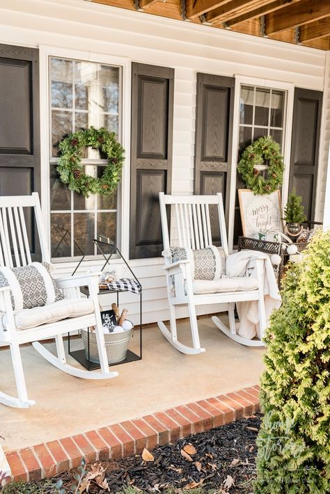 White Rocking Chairs On Front Porch, Farmhouse Christmas Porch, Wrought Iron Patio Set, Porch Kits, Building A Porch, Home Improvement Loans, Farmhouse Front Porches, Farmhouse Porch, Farmhouse Front