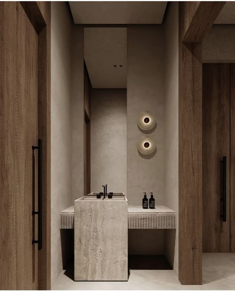 Wabi Sabi Restroom, Bathroom Guest Ideas, Wabi Sabi Minimalism, Wabi Sabi Powder Room, Japandi Guest Bathroom, Wabi Sabi Bathroom Design, Wabi Sabi Vanity, Minimal Guest Bathroom, Wabi Sabi Interior Bathroom