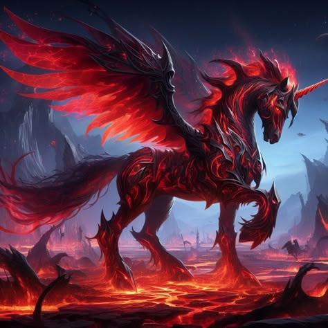 Unicorn Dark Pegasus Art, Fantasy Fire Creatures, Animal Rpg, Demon Horse, Red Unicorn, 1 Million Followers, Unicorn Artwork, Dragon Horse, Magical Horses