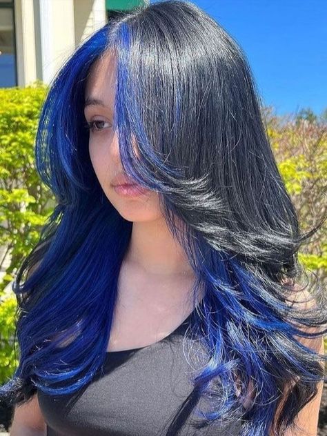 Half And Half Highlights, Butterfly Haircut Dyed Hair, Simple Hair Color Ideas Highlights, Pika Boo Hair Color Ideas, Cute Hair Dye Ideas For Black Hair, Blue Underlayer Hair, Blue Highlights In Dark Hair, Blue Hair For Brunettes, Blue Hair Front Pieces