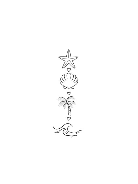 Uno Tattoo Ideas, Hawaii Symbols Tattoo Ideas, Starfish And Sand Dollar Tattoo, Punta Cana Tattoo Ideas, Seashell Line Tattoo, Beach Vibes Tattoo, Simple Beach Tattoos, Simple Ocean Tattoo, Star Fish Tattoo