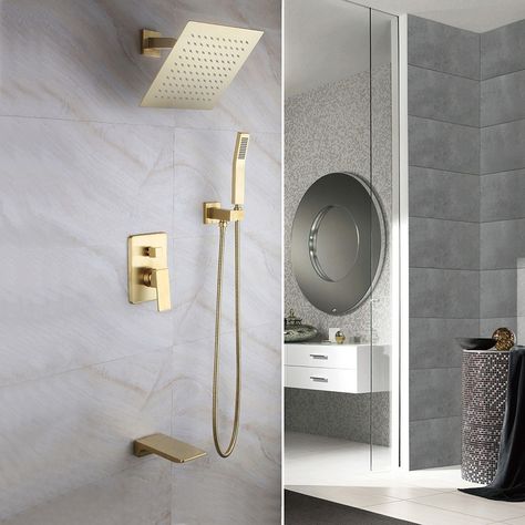 Solid Brass Wall Mount 10" Rainshower Hand Shower & Tub Spout Shower System in Brushed Gold Rain Shower System, Dual Shower Heads, Shower Faucet Sets, Rainfall Shower Head, Tub Spout, Handheld Shower Head, Rainfall Shower, Gold Wall, Rain Shower Head