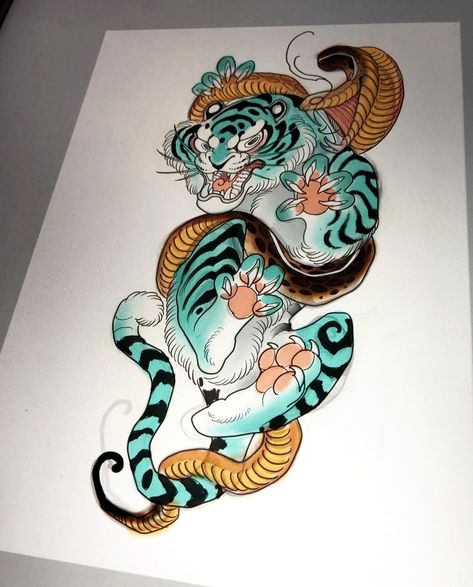 Tiger Back Tattoo, Japanese Tiger Art, Japanese Tiger Tattoo, Japanese Tiger, Asian Tattoos, Snake Art, Japanese Artwork, Tattoo Project, Tattoo Illustration