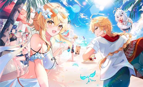 Genshin Beach, Composition Drawing, Anime Summer, Speed Paint, Anime Artwork, Artist Names, Beach Art, Community Art, Alien Logo