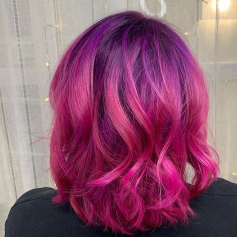 Purple roots pink ends Dark Purple Roots Light Purple Ends, Purple To Pink Ombre Hair Short, Hot Pink Purple Hair, Hair Color Crazy Short Funky Hairstyles, Punk Hair Color, Purple Roots, Dyed Ends Of Hair, Bubblegum Pink Hair, Red Pink Hair