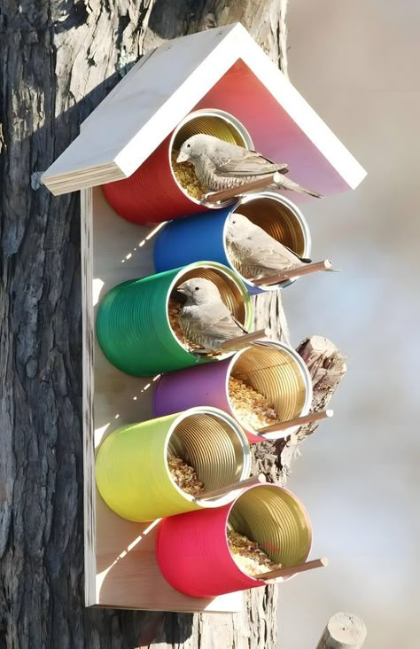 Tin Can Animals Diy, Plastic Bottle Bird Feeder, Tin Can Animals, Recycle Tin Cans, Milk Carton Bird Feeder, Aluminum Can Art, Outdoor Play For Kids, Bird Feeder House, Tin Can Projects