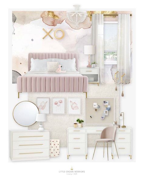 E-Design Reveal: Blush and Gold Girl's Bedroom - Little Crown Interiors 8 Year Girl Room Ideas, Teen Room Designs Girl, Big Girl Room Makeover, Pink Gold White Bedroom, Girly Teenager Bedroom, 8 Year Girl Bedroom Ideas, Pink White And Gold Bedroom, Gold And Pink Bedroom, Teen Room Wallpaper