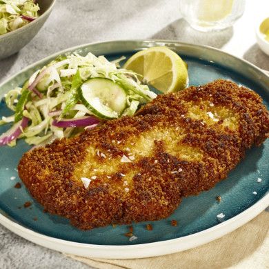 Turkey Schnitzel with Pickled Veg Salad from Food Network Schnitzel Sauce, Turkey Schnitzel Recipes, Mary Makes It Easy, Turkey Schnitzel, Veg Salad Recipes, Schnitzel Recipe, Veg Salad, Schnitzel Recipes, Mary Berg