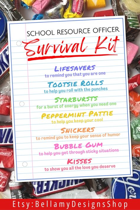 Staff Survival Kit Gift Ideas, School Counselor Survival Kit, Survival Kit Gifts For Coworkers, Middle School Survival Kit For Students, Coach Survival Kit Gift Ideas, School Social Worker Appreciation Gift Ideas, Sro Appreciation, Employee Survival Kit Ideas, Lunch Lady Survival Kit