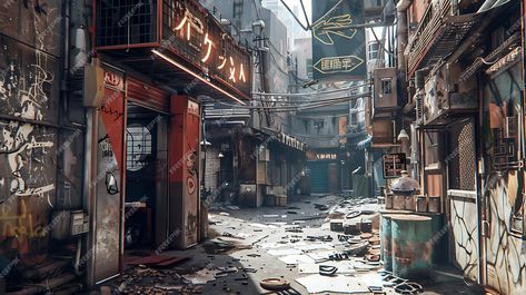 A dark and dirty alleyway in a cyberpunk city | Premium AI-generated image Futuristic Alleyway, Street Pictures, Dark Street, Big Cities, Cyberpunk City, Street Photo, Human Experience, Drawing Reference Poses, Cyberpunk