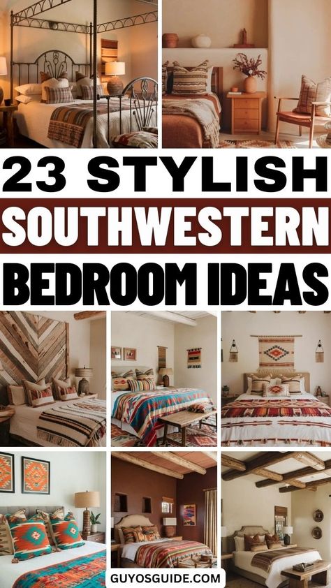 23 Stylish Southwestern Bedroom Ideas Western Simple Bedroom, Terra Cotta Bedroom Decor, Western Bedroom Theme, Western Bedroom Themes, Southwest Decorating Ideas, Desert Theme Bedroom, Southwestern Bedroom Ideas, Brown Leather Bed, Western Boho Bedroom