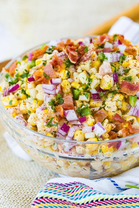 Just when you thought our ultra delicious Mexican corn salad couldn't get any better, we went and added jalapeno and bacon! You. are. welcome! #mexicancornsalad #sidedish #elote Corn Salad With Bacon, Elote Salad, Jalapeno Bacon, Mexican Corn Salad, Grilled Corn Salad, Oh Sweet Basil, Mexican Street Corn Salad, Jalapeno Recipes, Corn Salad Recipes