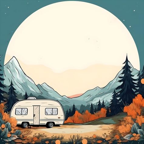 Photo creative banner digital art social... | Premium Photo #Freepik #photo Creative Banners, Camper Art, Watercolour Landscape, Camper Caravan, Cartoon Painting, Camping Car, Travel Trailer, Old Trucks, Camper Van