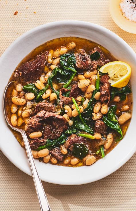 Lamb Shoulder Chops, Cannellini Beans Soup, Braised Lamb, Lamb Shoulder, Lamb Stew, Sweet Potato Chili, Bean Soup Recipes, Bean Stew, Spinach Recipes