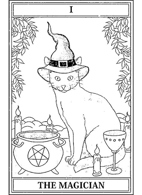 Cat witch witchy art print printable coloring page magic Tarot Card Coloring Pages, Coloring Pages Witchy, Witch Coloring Pages For Adults, Gothic Coloring Pages For Adults, Tarot Coloring Pages, Sketchy Doodles, Gothic Coloring Pages, Witchy Coloring Pages, Procreate Coloring