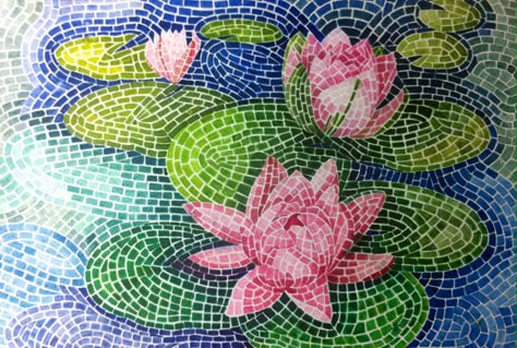 Lotus Flower Mosaic, Lotus Mosaic, Mosaic Art Painting, Mosaic Cabinet, Mosaic Drawing, Mosaicos Ideas, Mosaic Quilt, Flowers Mosaic, Collage Mosaic