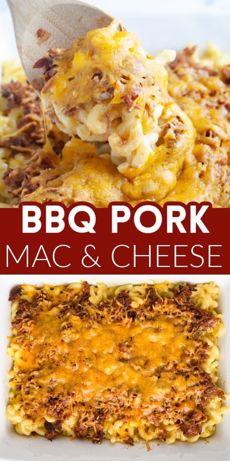 Pulled pork mac and cheese is a great way to use leftover shredded pork. Easy homemade mac and cheese is topped with BBQ pork and baked to perfection. You will love this bbq casserole recipe. Bbq Shredded Pork Recipes, Shredded Pork Mac And Cheese, Things To Make With Pulled Pork, Pulled Pork Ideas Leftover, Recipes With Leftover Pulled Pork, Recipes For Leftover Pulled Pork, Recipes With Pulled Pork Leftovers, Leftover Bbq Pork Recipes, Recipes With Shredded Pork