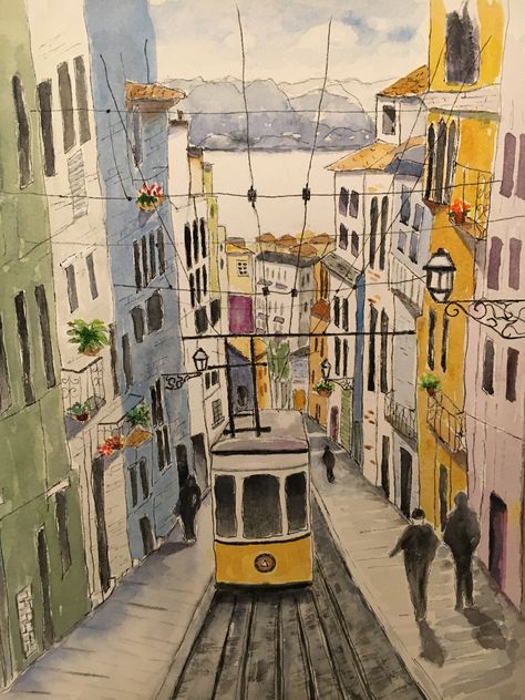 Town Watercolor, Lisboa Aesthetic, Watercolour Cityscape Easy, Lisbon Drawing, Lisbon Painting, Lisbon Watercolor, Lisbon Watercolor Paintings, Lisboa Painting, Lisbon Street Art