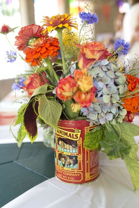 Circus / Carnival Birthday Party Ideas | Photo 6 of 49 Carnival Flower Arrangements, Circus Theme Flower Arrangements, Vintage Circus Centerpieces, Circus Centerpieces Ideas, Carnival Centerpiece Ideas, Classy Carnival, Carnival Centerpiece, Carnival Flowers, Circus Centerpieces