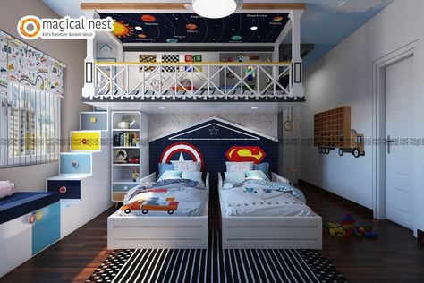 Superman-themed room for your young champs. Climb up to the play area on the loft, stack up toys in the truck shaped shelf, and chill by the bedroom bench by the window to enjoy nature. Superhero Bunk Bed, Marvel Kids Bed, Marvel Themed Room, Slide Bedroom, Super Hero Bedroom Wallpaper, Marvel Kids Room Pottery Barn Kids, Superman Kids Room, Themed Kids Room, Kids Interior Room